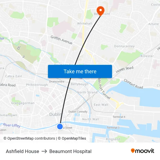 Ashfield House to Beaumont Hospital map