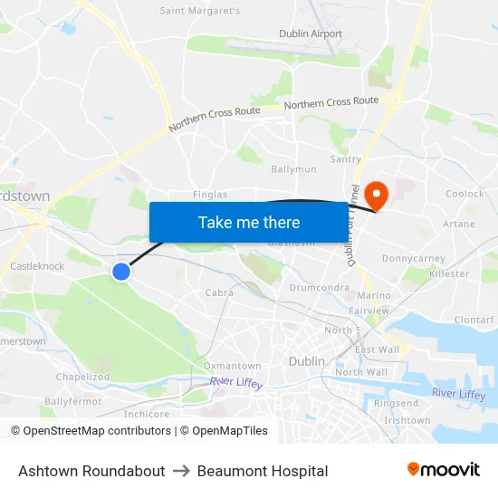 Ashtown Roundabout to Beaumont Hospital map