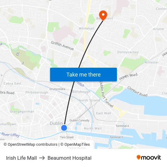 Irish Life Mall to Beaumont Hospital map
