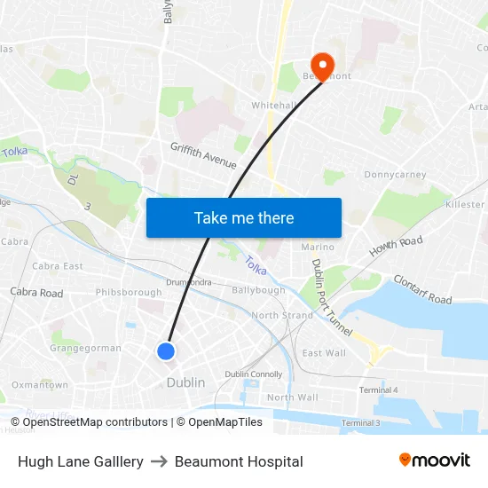 Hugh Lane Galllery to Beaumont Hospital map