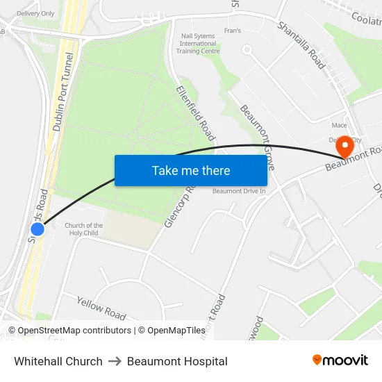 Whitehall Church to Beaumont Hospital map