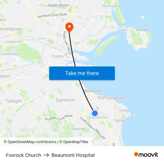 Foxrock Church to Beaumont Hospital map