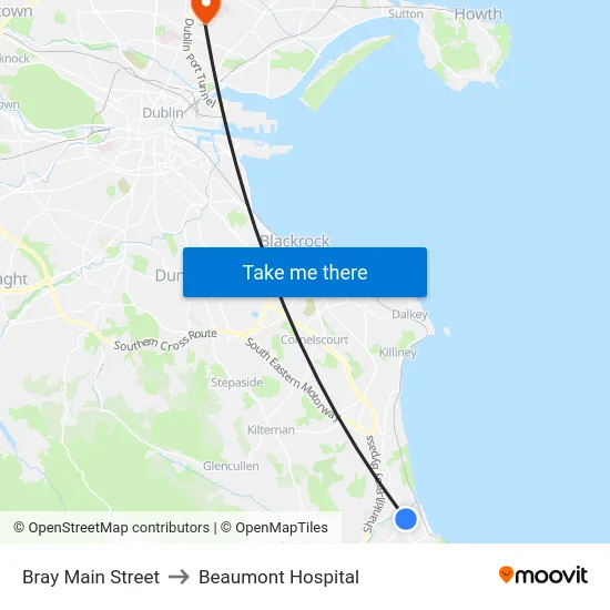 Bray Main Street to Beaumont Hospital map