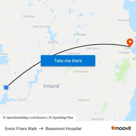 Ennis Friars Walk to Beaumont Hospital map