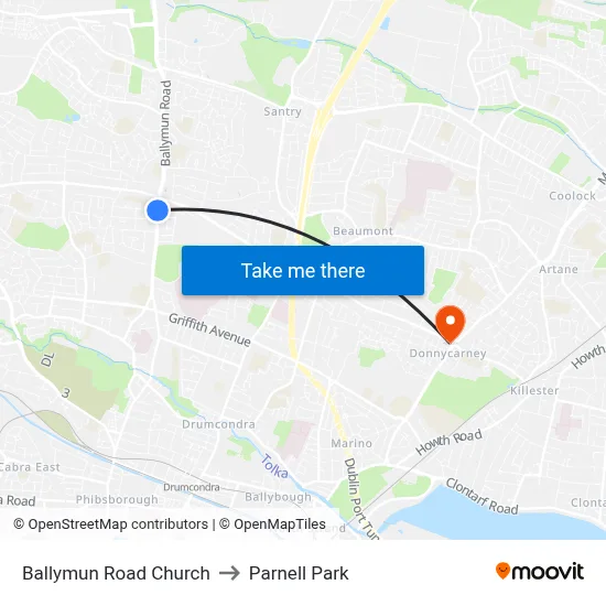 Ballymun Road Church to Parnell Park map