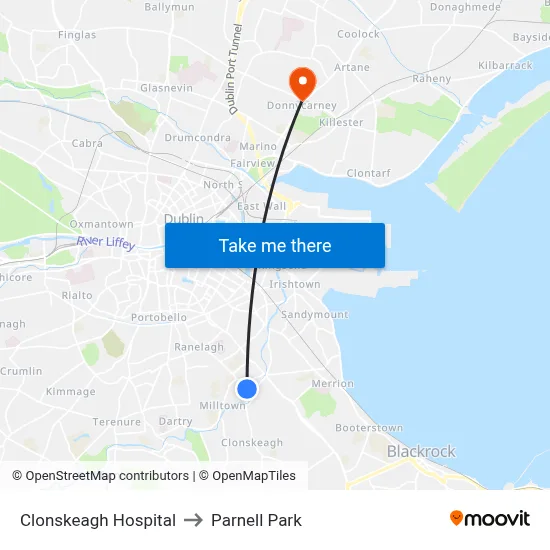 Clonskeagh Hospital to Parnell Park map