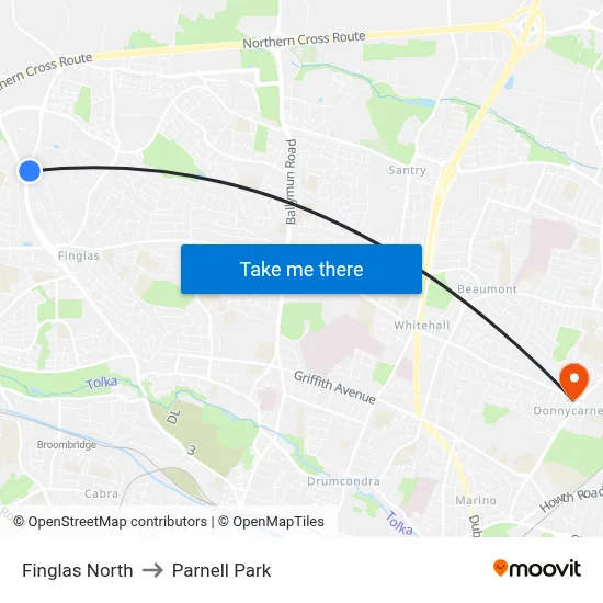 Finglas North to Parnell Park map