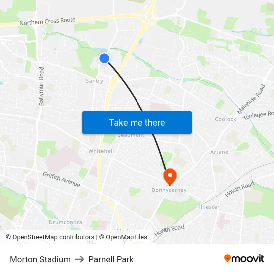 Morton Stadium to Parnell Park map