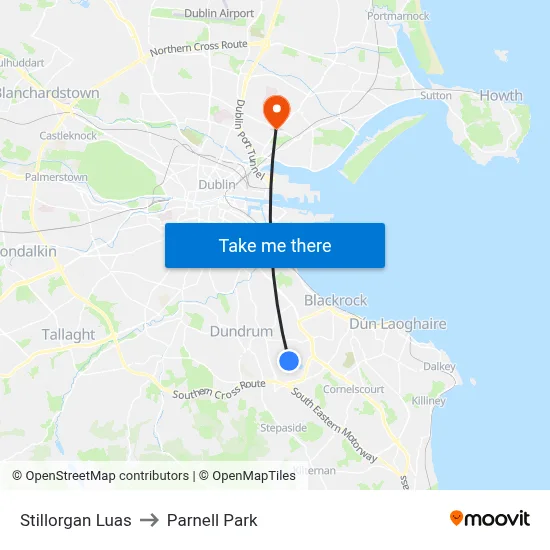 Stillorgan Luas to Parnell Park map