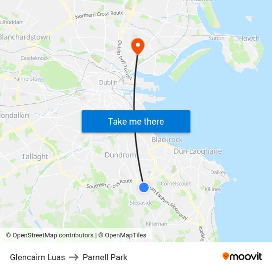 Glencairn Luas to Parnell Park map