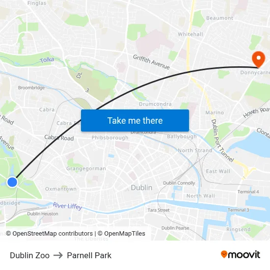 Dublin Zoo to Parnell Park map