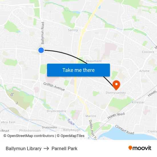 Ballymun Library to Parnell Park map