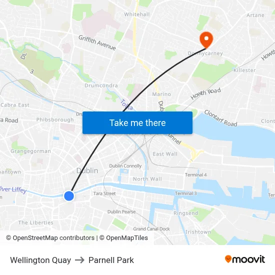Wellington Quay to Parnell Park map