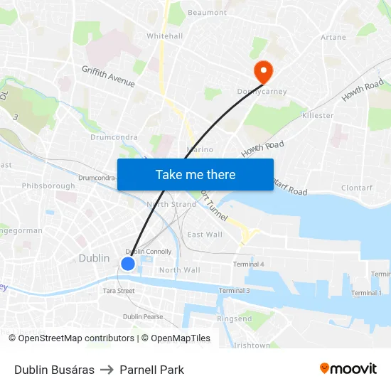 Dublin Busáras to Parnell Park map