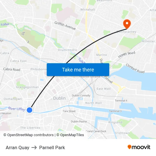 Arran Quay to Parnell Park map