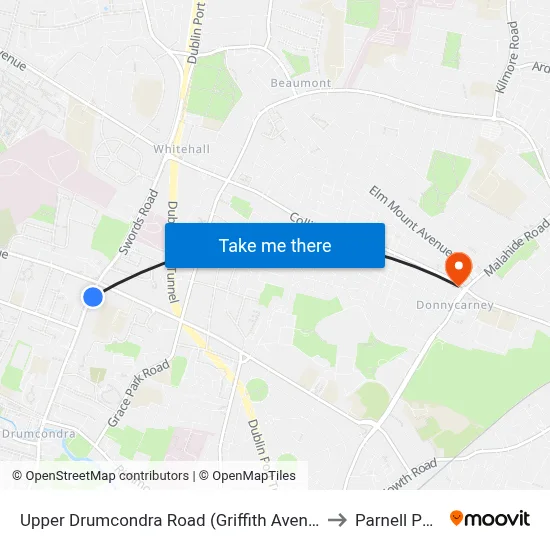 Upper Drumcondra Road (Griffith Avenue) to Parnell Park map