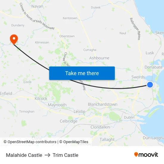 Malahide Castle to Trim Castle map