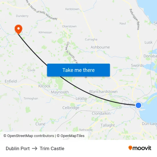 Dublin Port to Trim Castle map