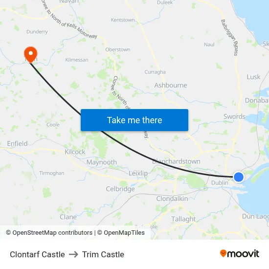 Clontarf Castle to Trim Castle map