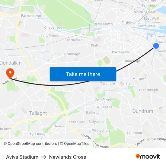 Aviva Stadium to Newlands Cross map