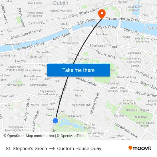 St. Stephen's Green to Custom House Quay map