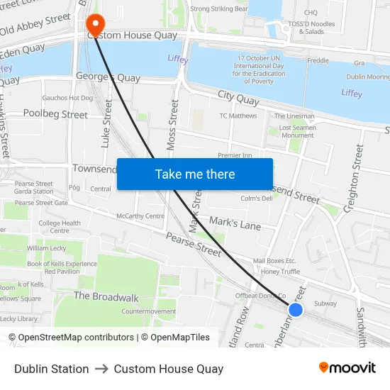 Dublin Station to Custom House Quay map