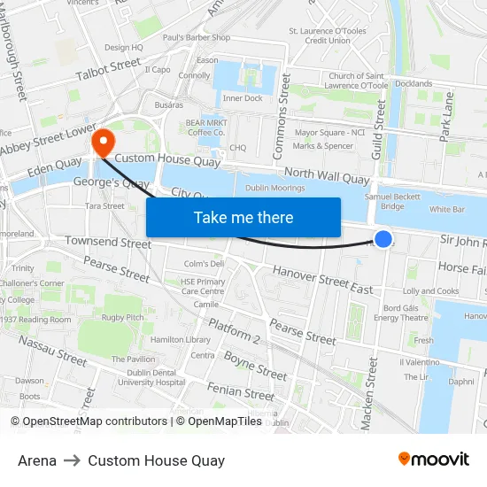 Arena to Custom House Quay map