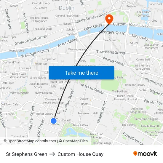 St Stephens Green to Custom House Quay map