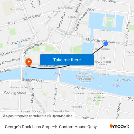 George's Dock Luas Stop to Custom House Quay map
