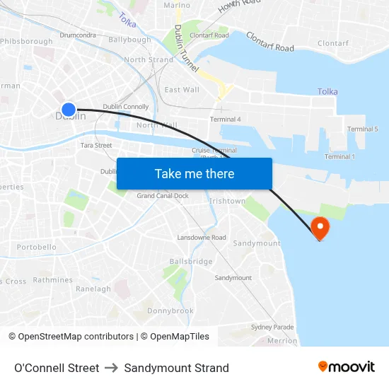 O'Connell Street to Sandymount Strand map