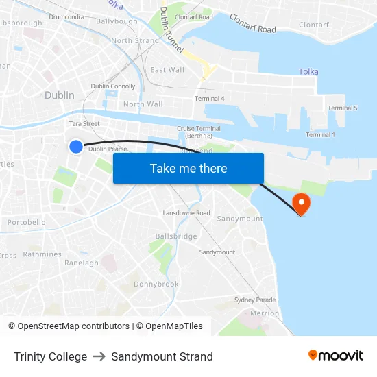 Trinity College to Sandymount Strand map