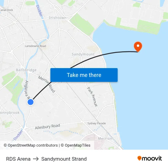RDS Arena to Sandymount Strand map