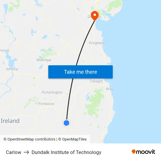Carlow to Dundalk Institute of Technology map