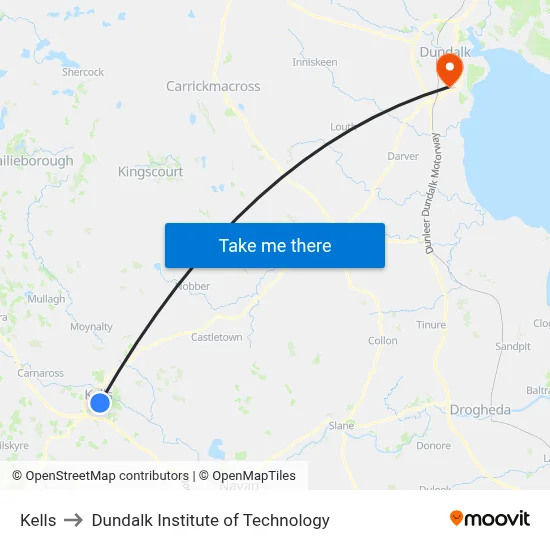 Kells to Dundalk Institute of Technology map
