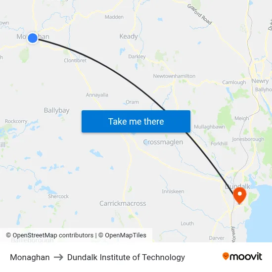 Monaghan to Dundalk Institute of Technology map