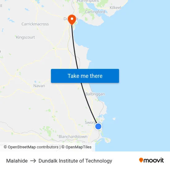 Malahide to Dundalk Institute of Technology map
