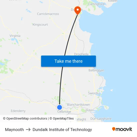 Maynooth to Dundalk Institute of Technology map