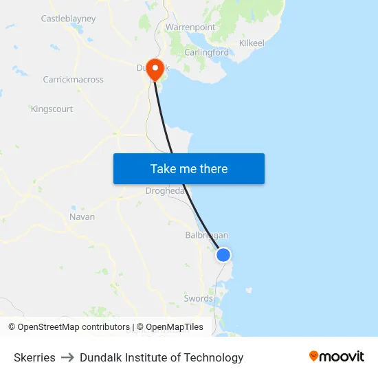 Skerries to Dundalk Institute of Technology map