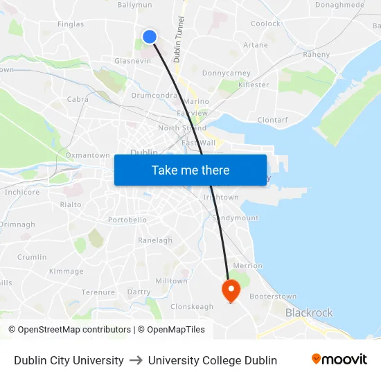 Dublin City University to University College Dublin map