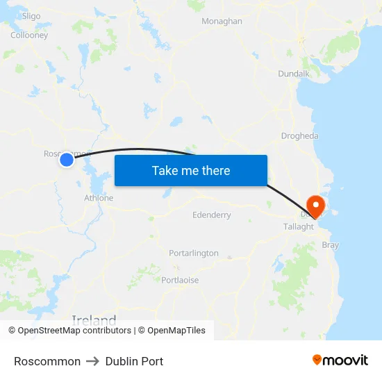 Roscommon to Dublin Port map