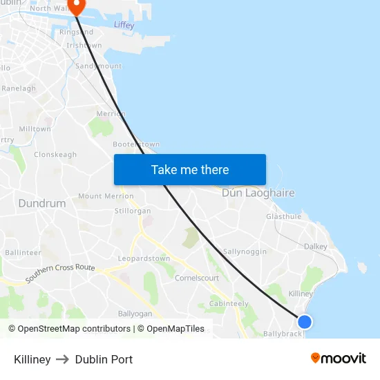 Killiney to Dublin Port map