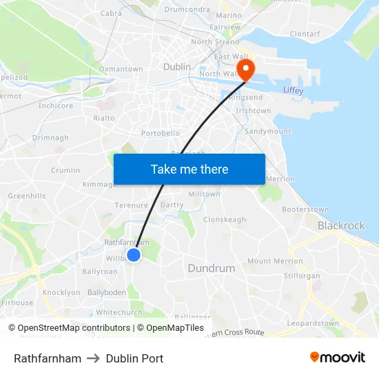 Rathfarnham to Dublin Port map