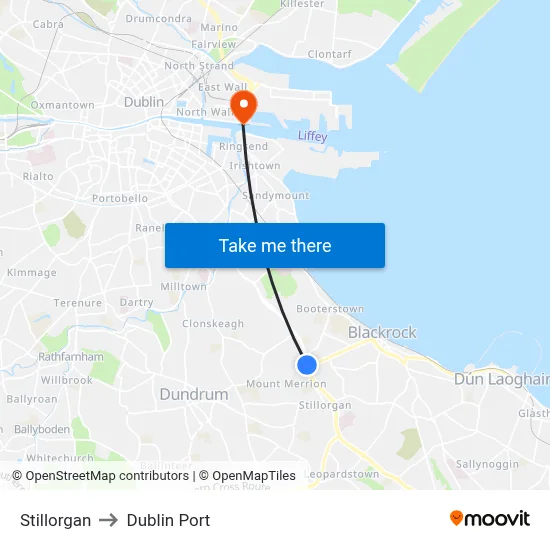 Stillorgan to Dublin Port map