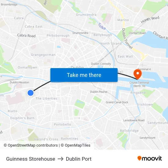 Guinness Storehouse to Dublin Port map