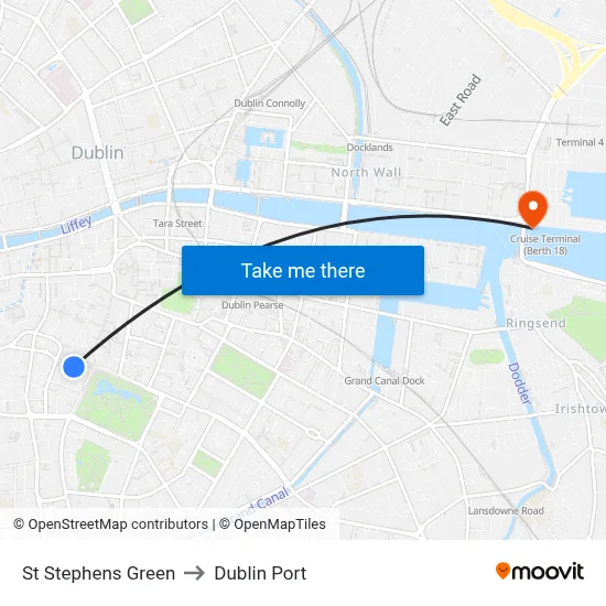 St Stephens Green to Dublin Port map