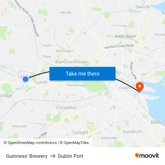 Guinness' Brewery to Dublin Port map