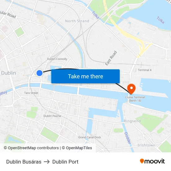 Dublin Busáras to Dublin Port map