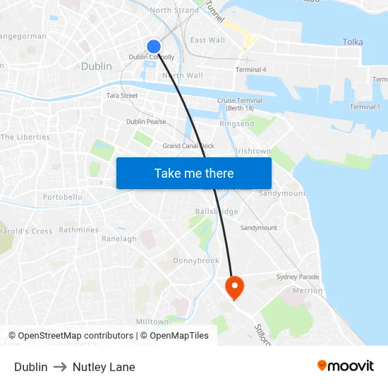 Dublin to Nutley Lane map
