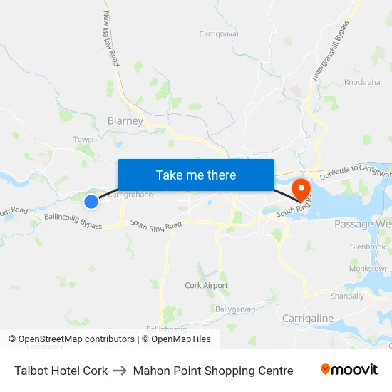 Talbot Hotel Cork to Mahon Point Shopping Centre map
