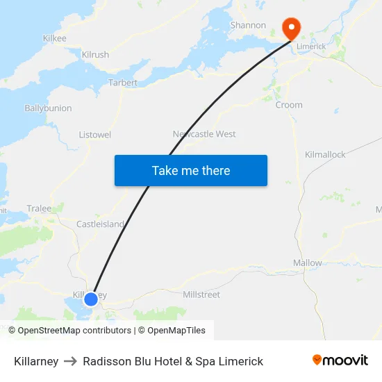 Killarney to Radisson Blu Hotel & Spa  Limerick map